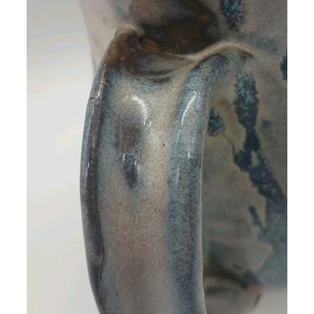 Studio Pottery Pitcher Signed Blue Gray Drip Redware